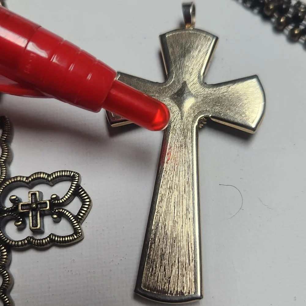 Ornate Bronze Filigree Cross Necklace and Green  acrylic Gold Tone Cross Pendant